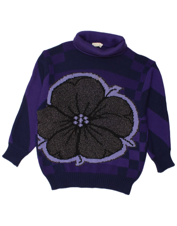 Vintage Womens Longline rullehals sweater UK 18 XL lilla blomster