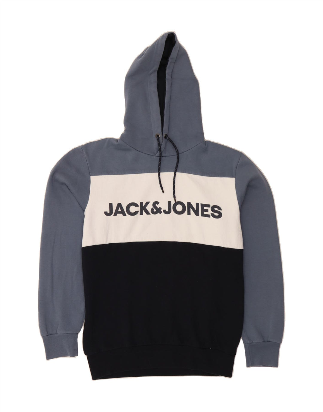 JACK & JONES Mens Graphic Hoodie Jumper Medium Navy Blue Colourblock Vintage Jack & Jones and Second-Hand Jack & Jones from Messina Hembry 
