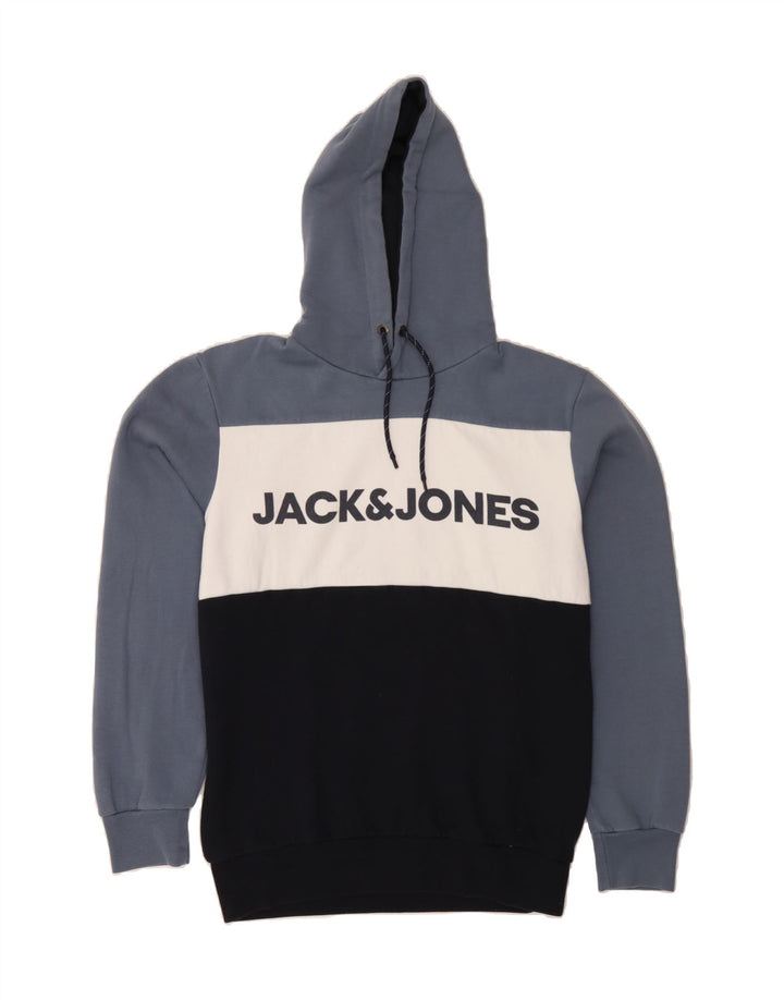 JACK & JONES Mens Graphic Hoodie Jumper Medium Navy Blue Colourblock Vintage Jack & Jones and Second-Hand Jack & Jones from Messina Hembry 