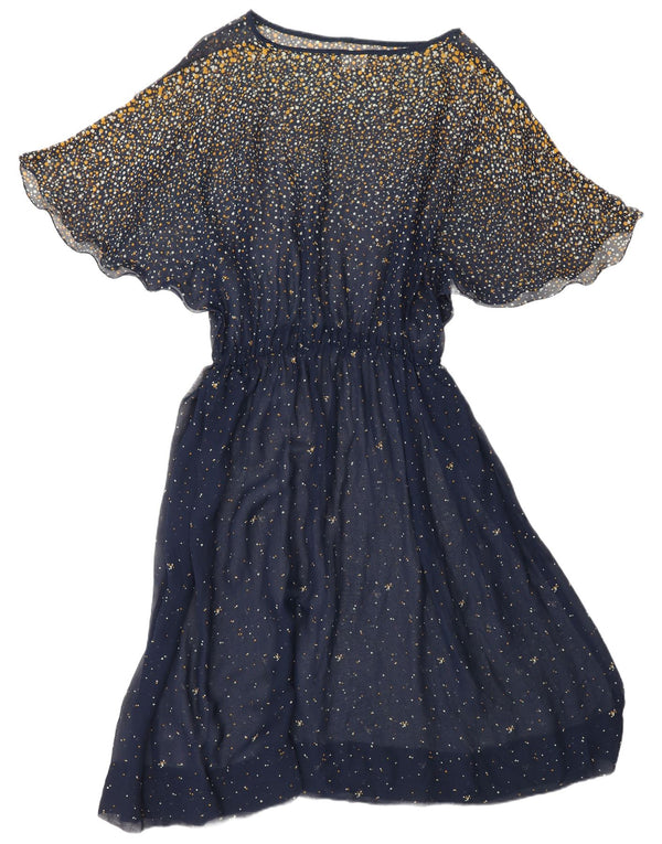 VINTAGE Dame Batwing Maxikjole UK 18 XL Navy Blue Spotted Acetate