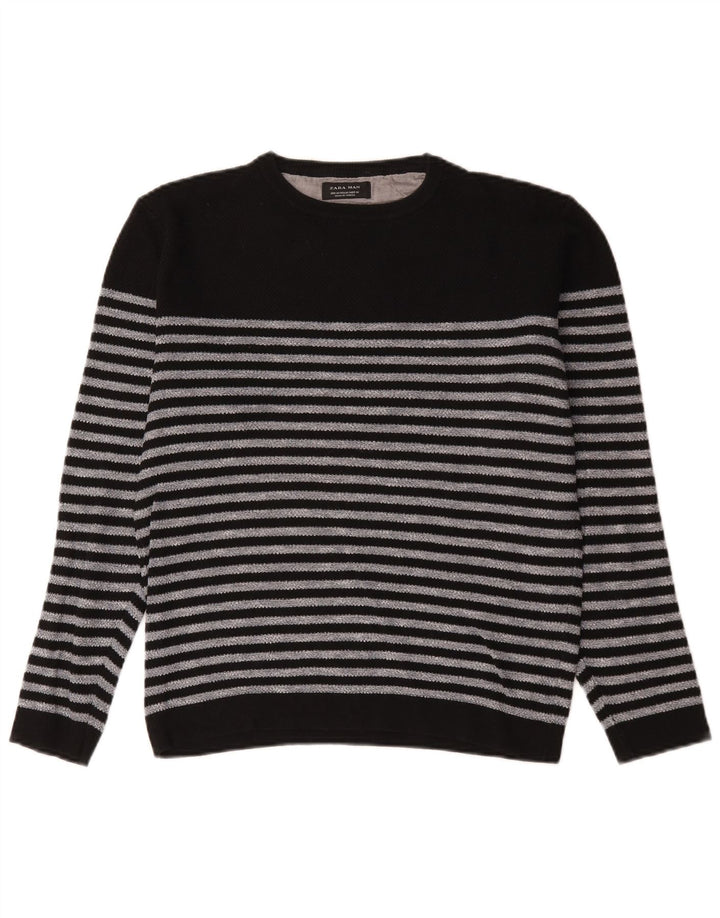 Zara Herre Crew Neck Jumper Sweater Medium Sort Stribet