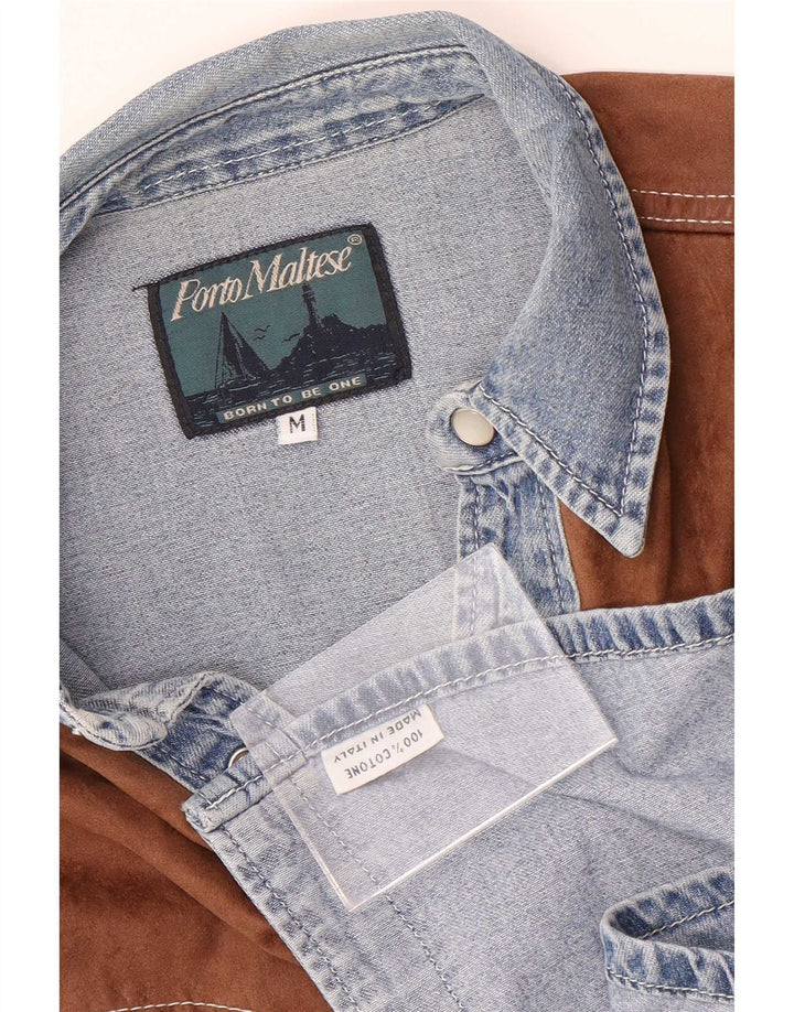 Vintage vestlig denimskjorte til mænd Medium Blue Colourblock Bomuld