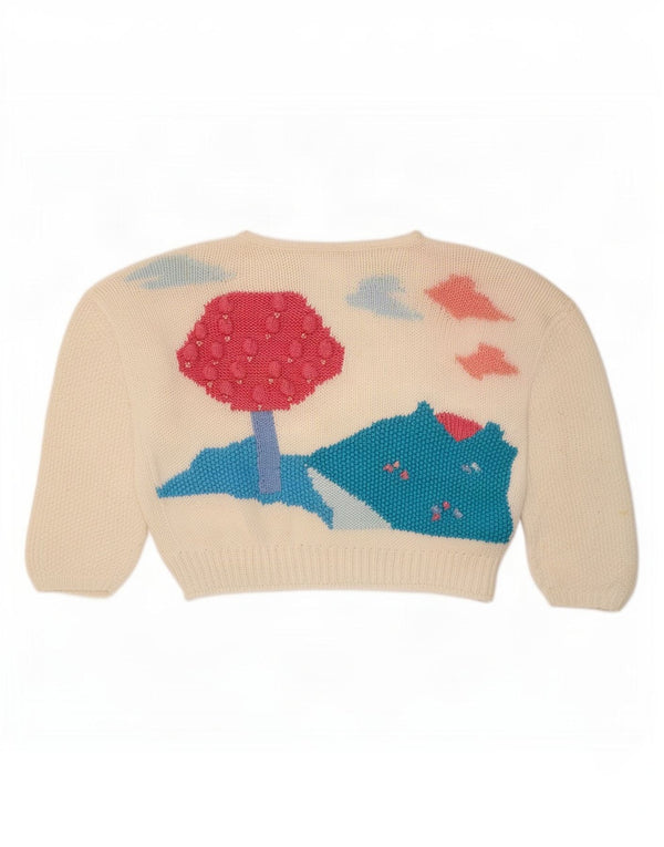 Vintage Womens Graphic Crop Boat Neck Jumper Sweater UK 14 Medium White