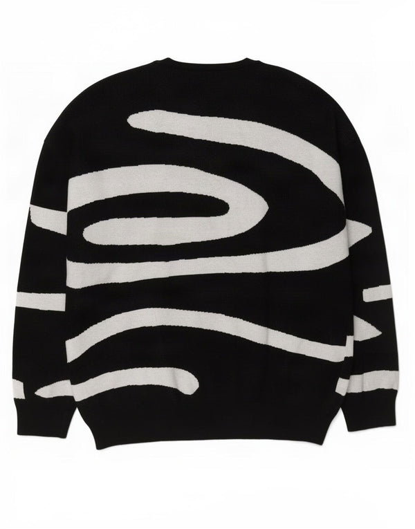 Zara Mens Abstract Pattern Crew Neck Jumper Sweater Large Black Cotton