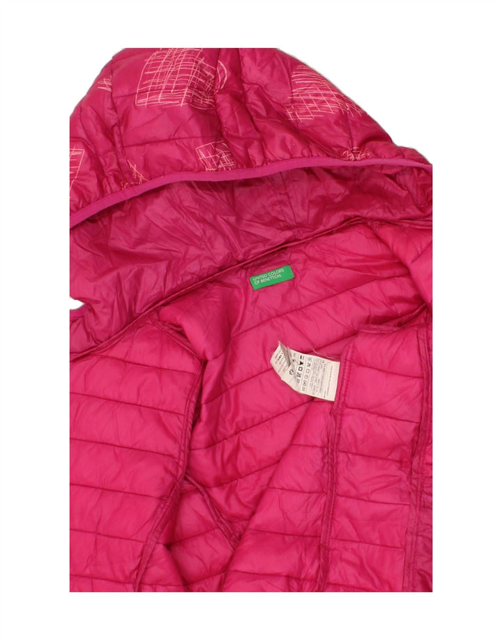 BENETTON Girls Abstract Pattern Hooded Padded Jacket 8-9 Years Large Pink Vintage Benetton and Second-Hand Benetton from Messina Hembry 