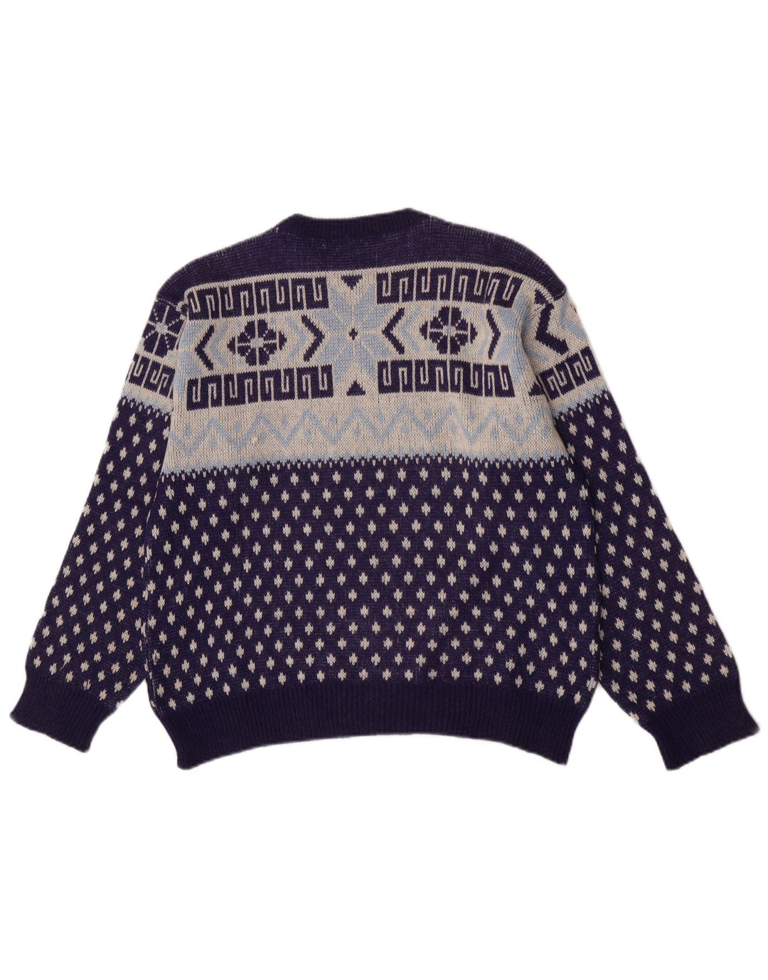 Vintage herre rund hals sweater medium marineblå geometrisk
