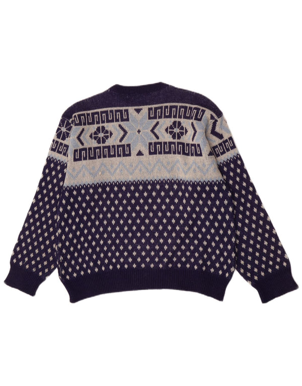 Vintage herre rund hals sweater medium marineblå geometrisk