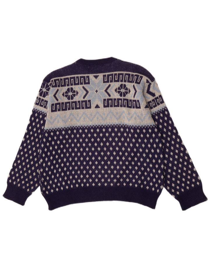 Vintage herre rund hals sweater medium marineblå geometrisk