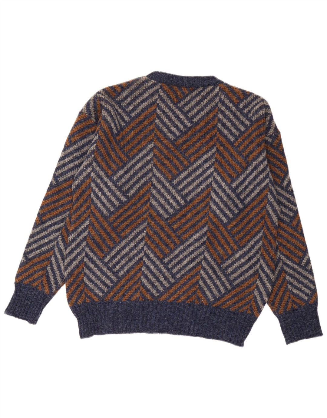 Vintage herre rund hals sweater stor flerfarvet Chevron uld