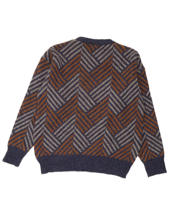 Vintage herre rund hals sweater stor flerfarvet Chevron uld