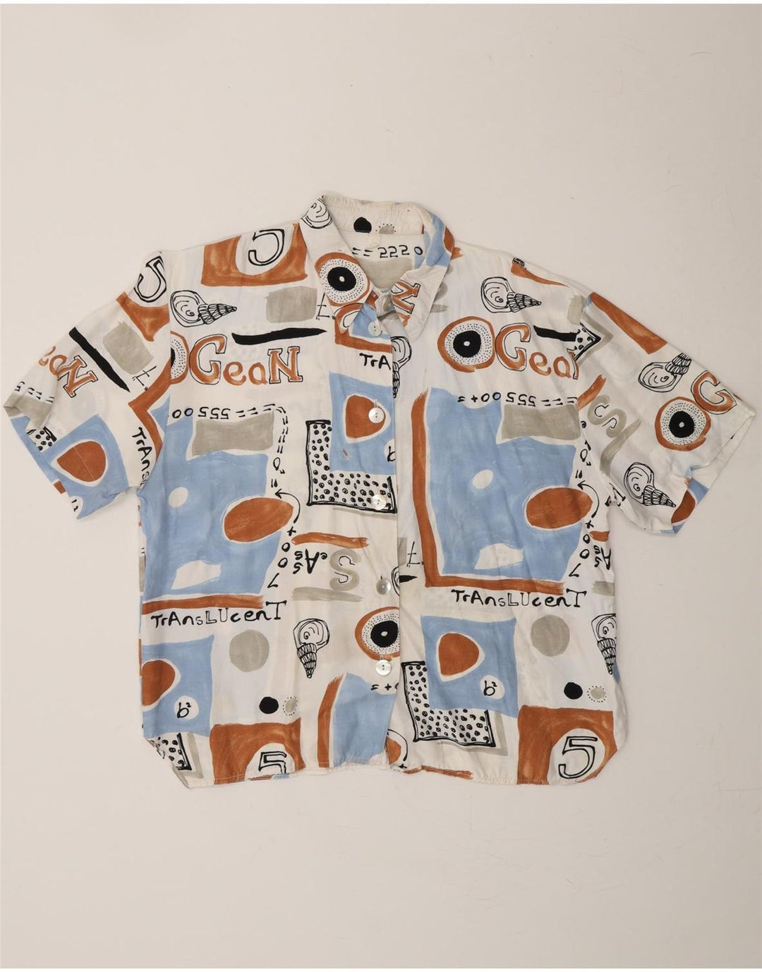 VINTAGE Womens Graphic Short Sleeve Shirt UK 12 Medium White Patchwork Vintage Vintage and Second-Hand Vintage from Messina Hembry 