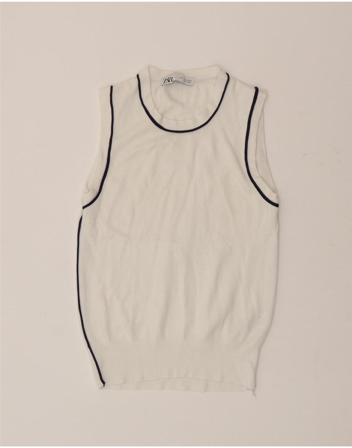 Zara Dame Vest Tank Top UK 10 Lille hvid stribet viskose
