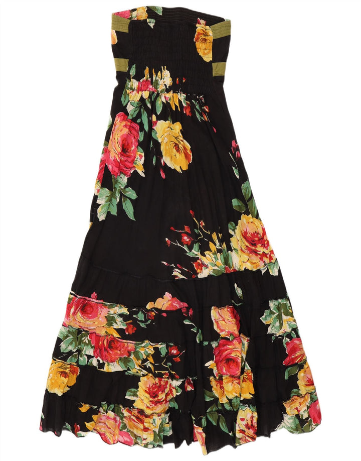VINTAGE Dame Maxi Stropløs Kjole UK 14 Medium Black Floral Bomuld
