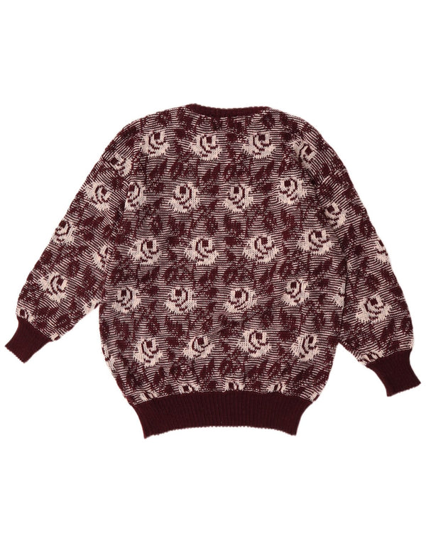 Vintage dame sweater med rund hals, UK 14 Medium Burgundy Floral