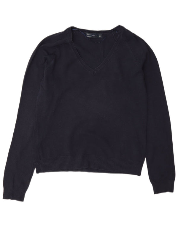 Zara Dame V-hals sweater UK 14 Stor marineblå bomuld