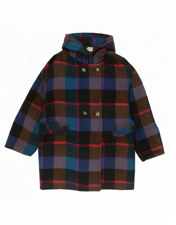 Vintage Dame Hætte Dobbeltradet Frakke EU 44 XL Flerfarvet Plaid