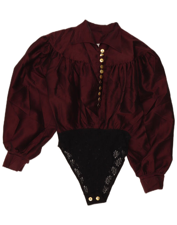 Vintage Dame Langærmet skjorte Bodysuit UK 16 Large Burgundy Colourblock