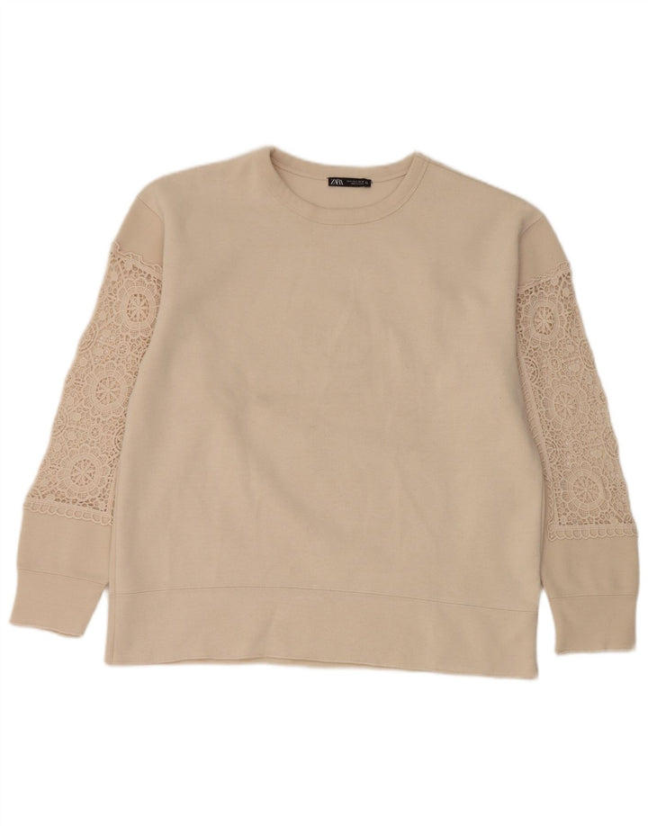 Zara Dame Oversized Sweatshirt Jumper UK 10 Small Beige Polyester