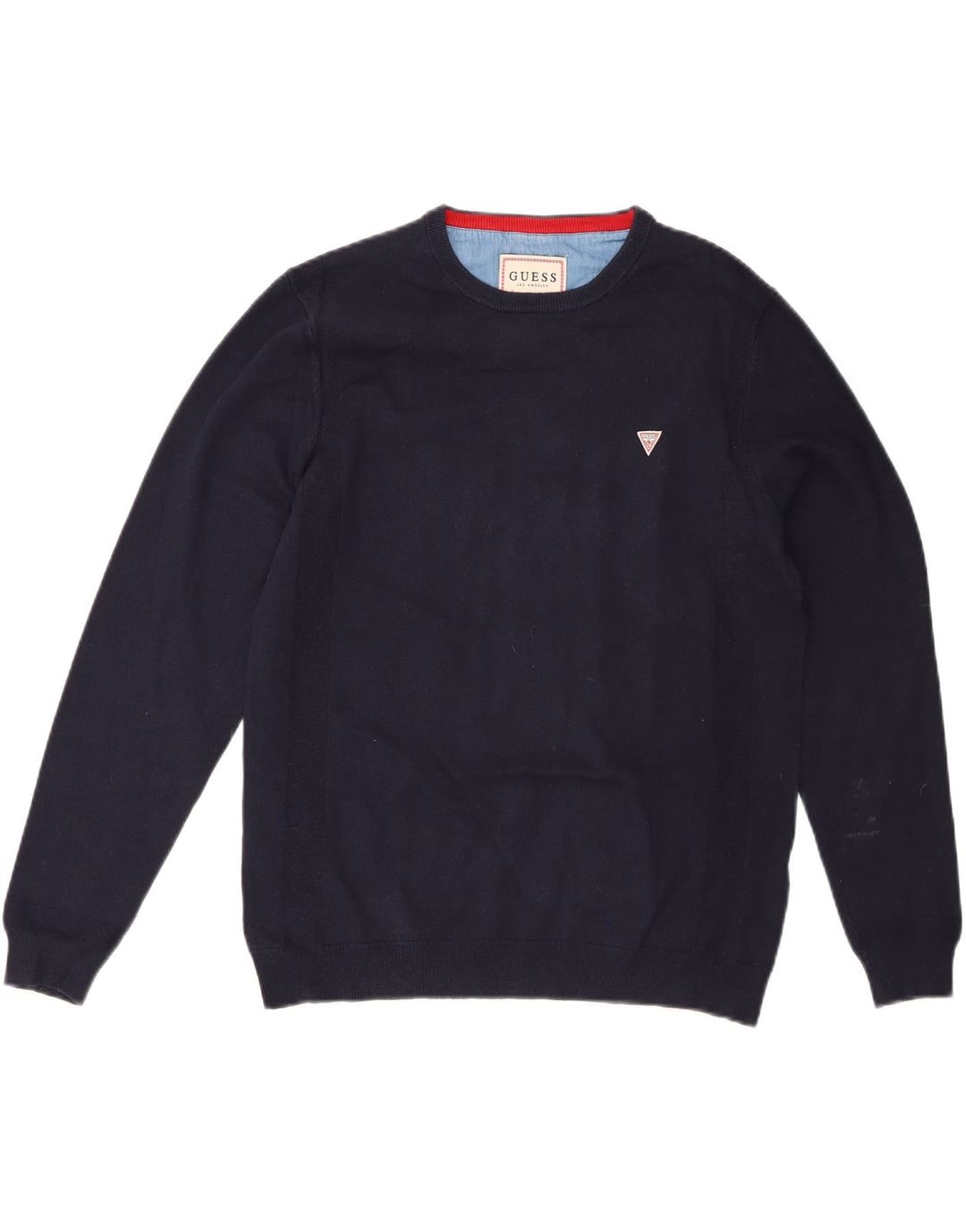 GUESS Mens Crew Neck Jumper Sweater UK 40 Medium Navy Blue Cotton Vintage Guess and Second-Hand Guess from Messina Hembry 