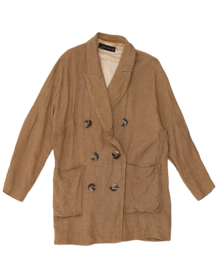 Zara Dame Longline Double Breasted Blazer Jacket UK 14 Medium Brown Linen