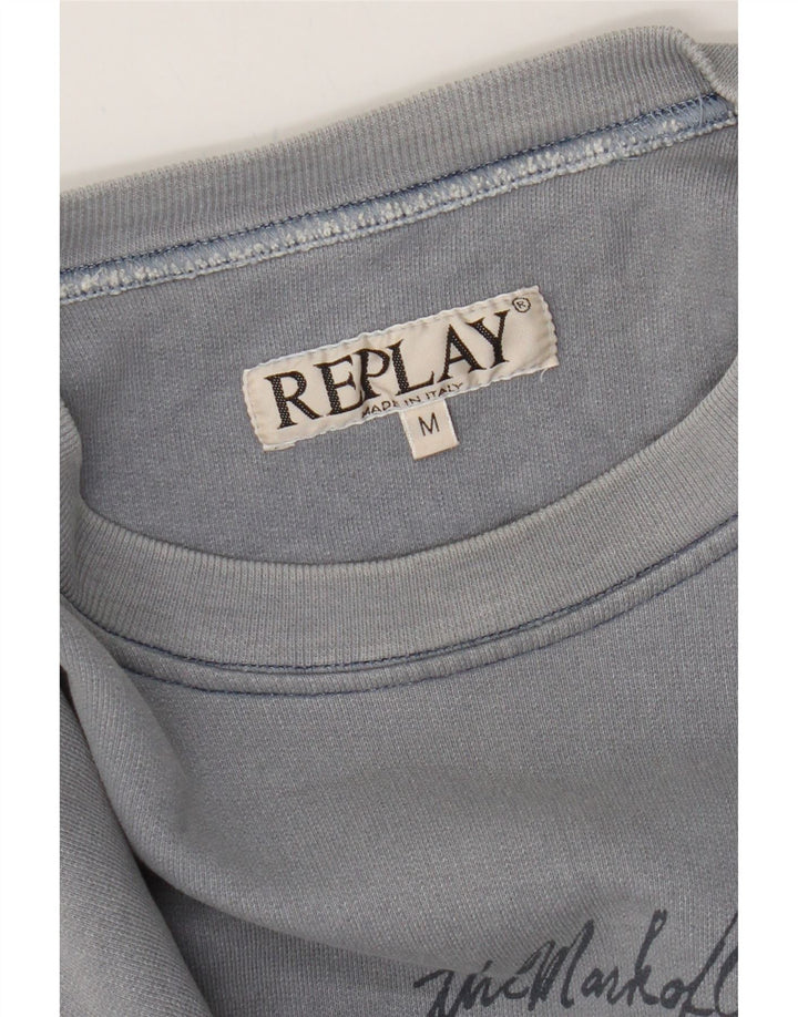 REPLAY Womens Graphic Sweatshirt Jumper UK 14 Medium Blue Cotton Vintage Replay and Second-Hand Replay from Messina Hembry 