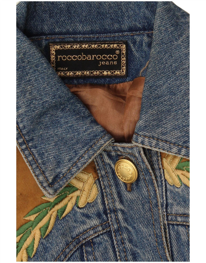 Roccobarocco Dame grafisk Crop denimjakke UK 14 Medium Blue Colourblock