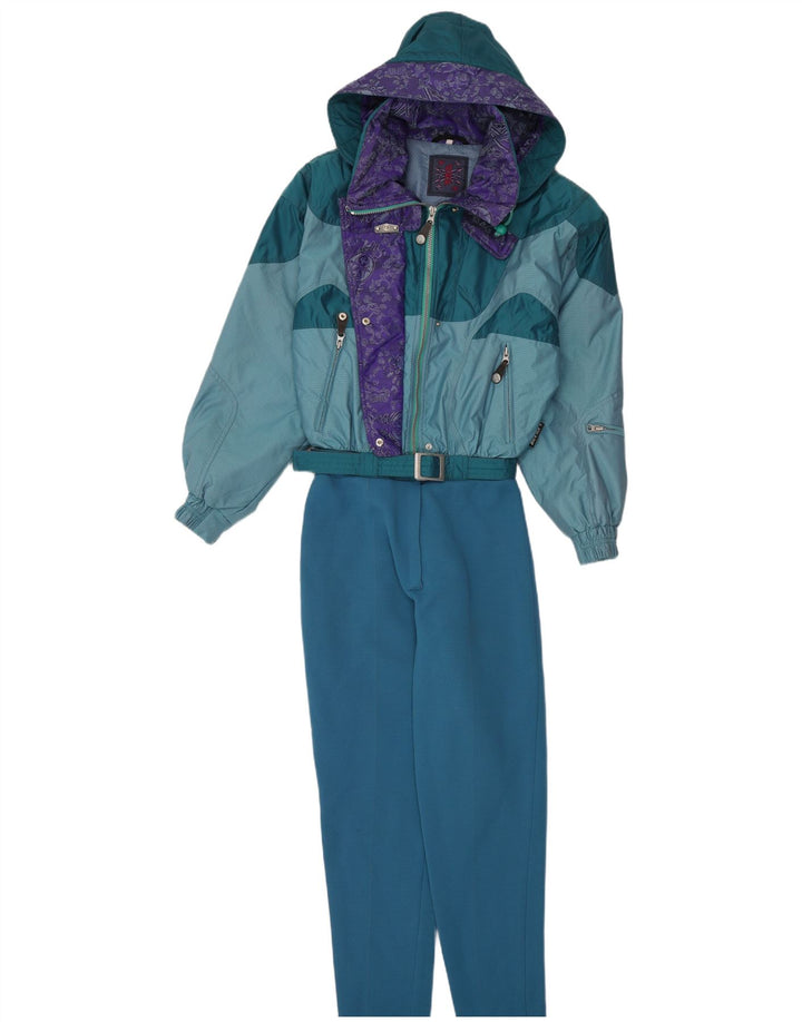 Vintage skijumpsuit til kvinder med hætte EU 38 Medium Blue Colourblock