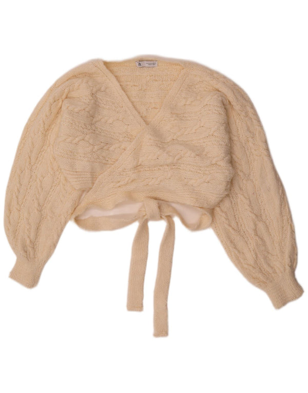 Zara Womens Crop Wrap Cardigan Sweater UK 14 Medium Beige Acryl