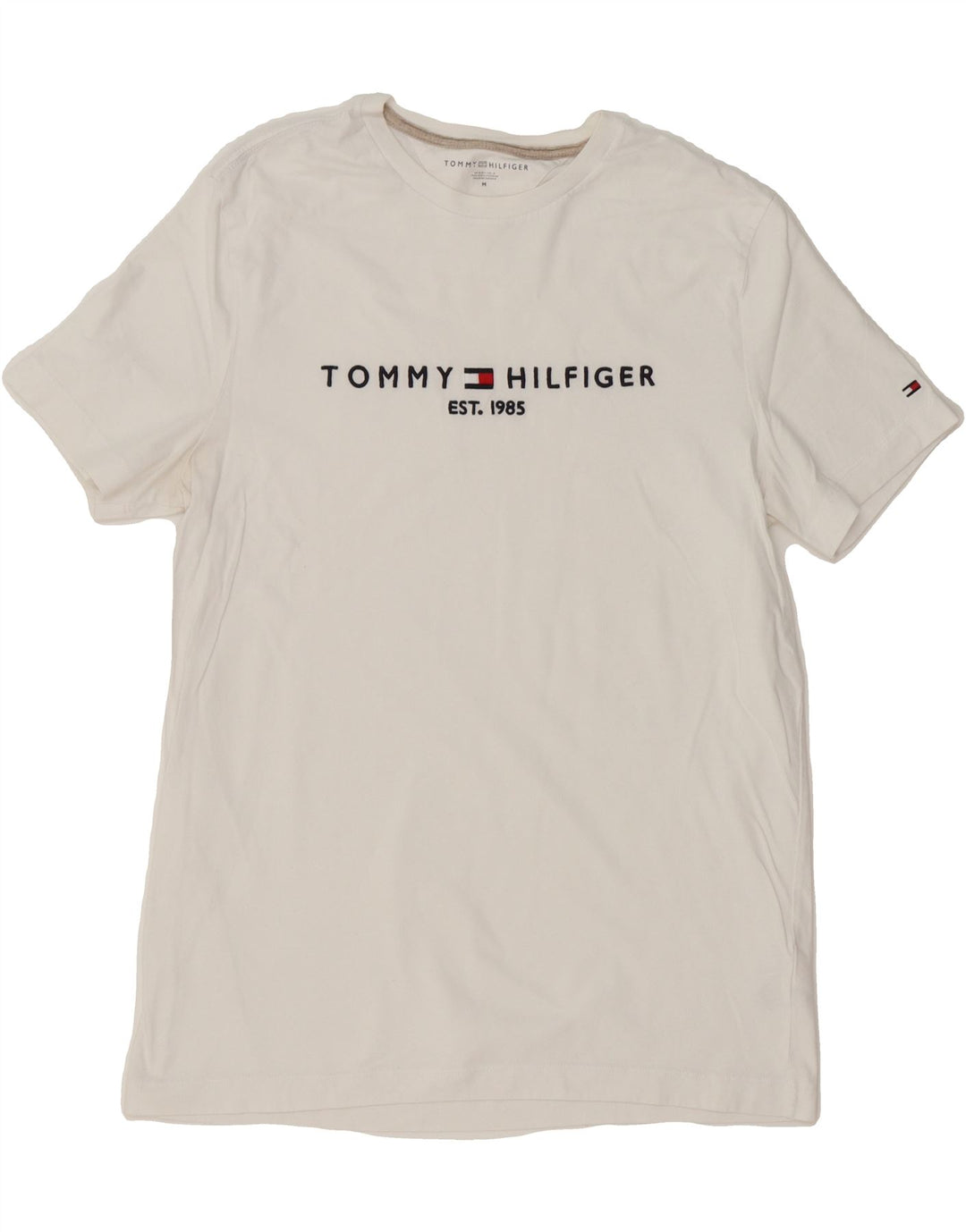 TOMMY HILFIGER Mens Graphic T-Shirt Top Medium White Cotton Vintage Tommy Hilfiger and Second-Hand Tommy Hilfiger from Messina Hembry 