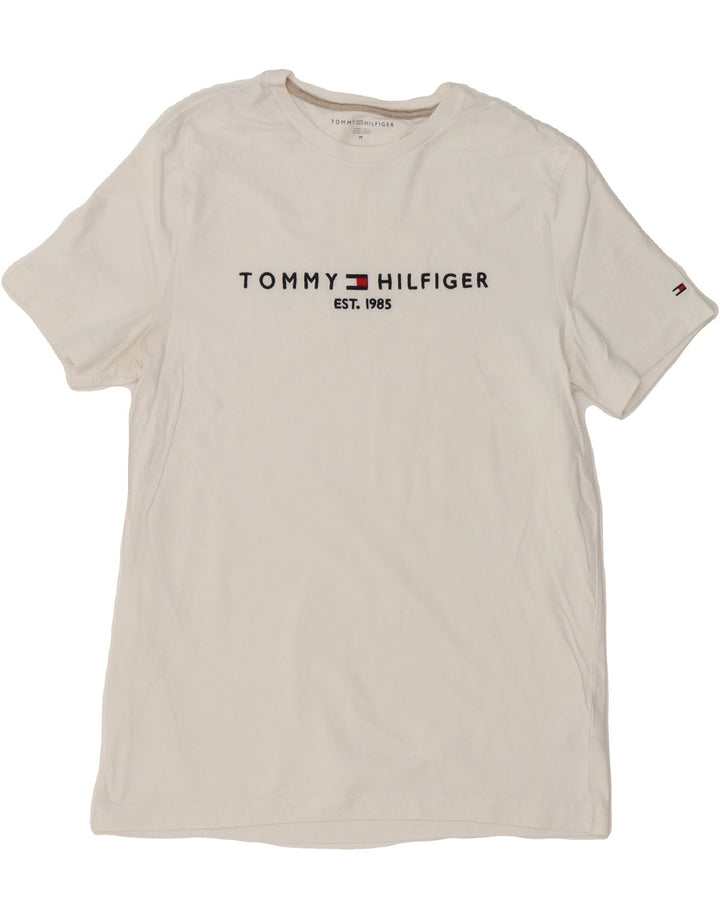 TOMMY HILFIGER Mens Graphic T-Shirt Top Medium White Cotton Vintage Tommy Hilfiger and Second-Hand Tommy Hilfiger from Messina Hembry 