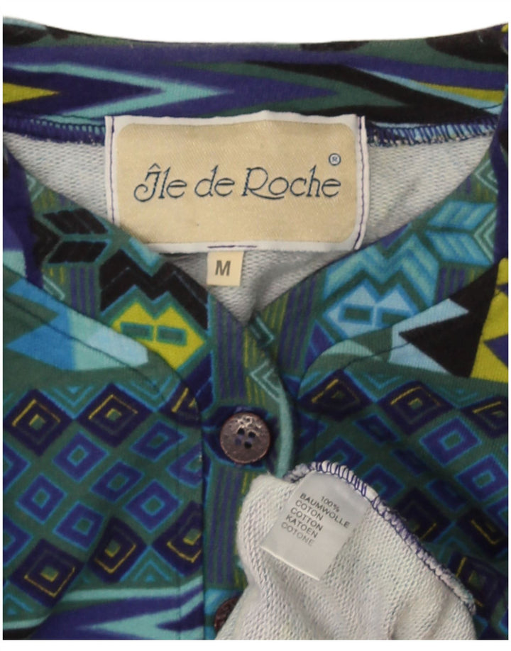 Vintage Dame Top Langærmet UK 14 Medium Blue Geometrisk Bomuld