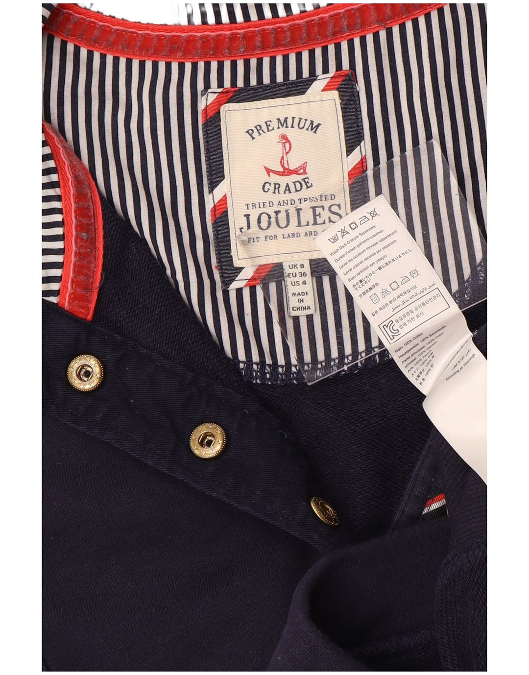 JOULES Dame Button Neck Sweatshirt Jumper UK 8 Small Navy Blue Bomuld