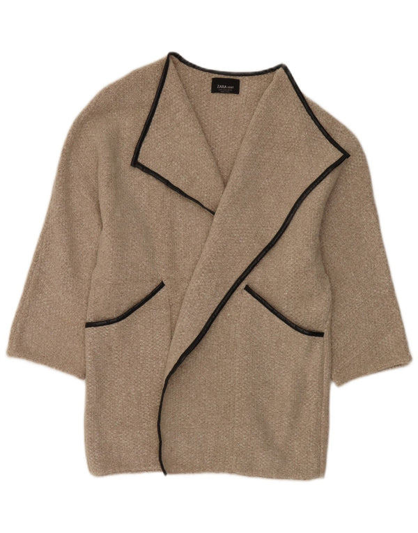Zara Womens Longline Open Cardigan Sweater UK 14 Medium Beige Akryl