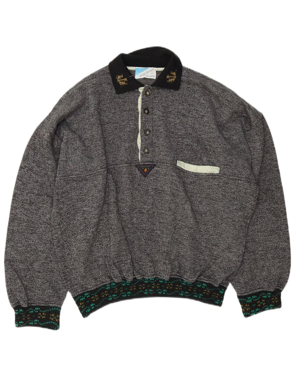 Vintage Polo-hals sweatshirt til mænd XL Grå Flecked Bomuld