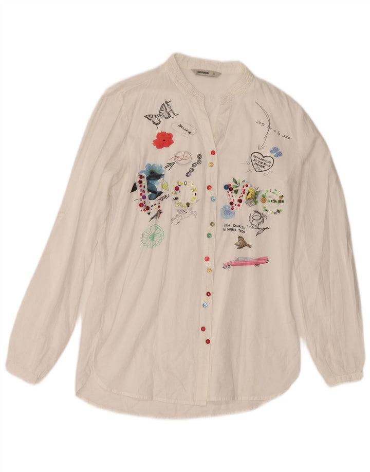 Desigual Dame grafisk skjorte bluse UK 10 Small White