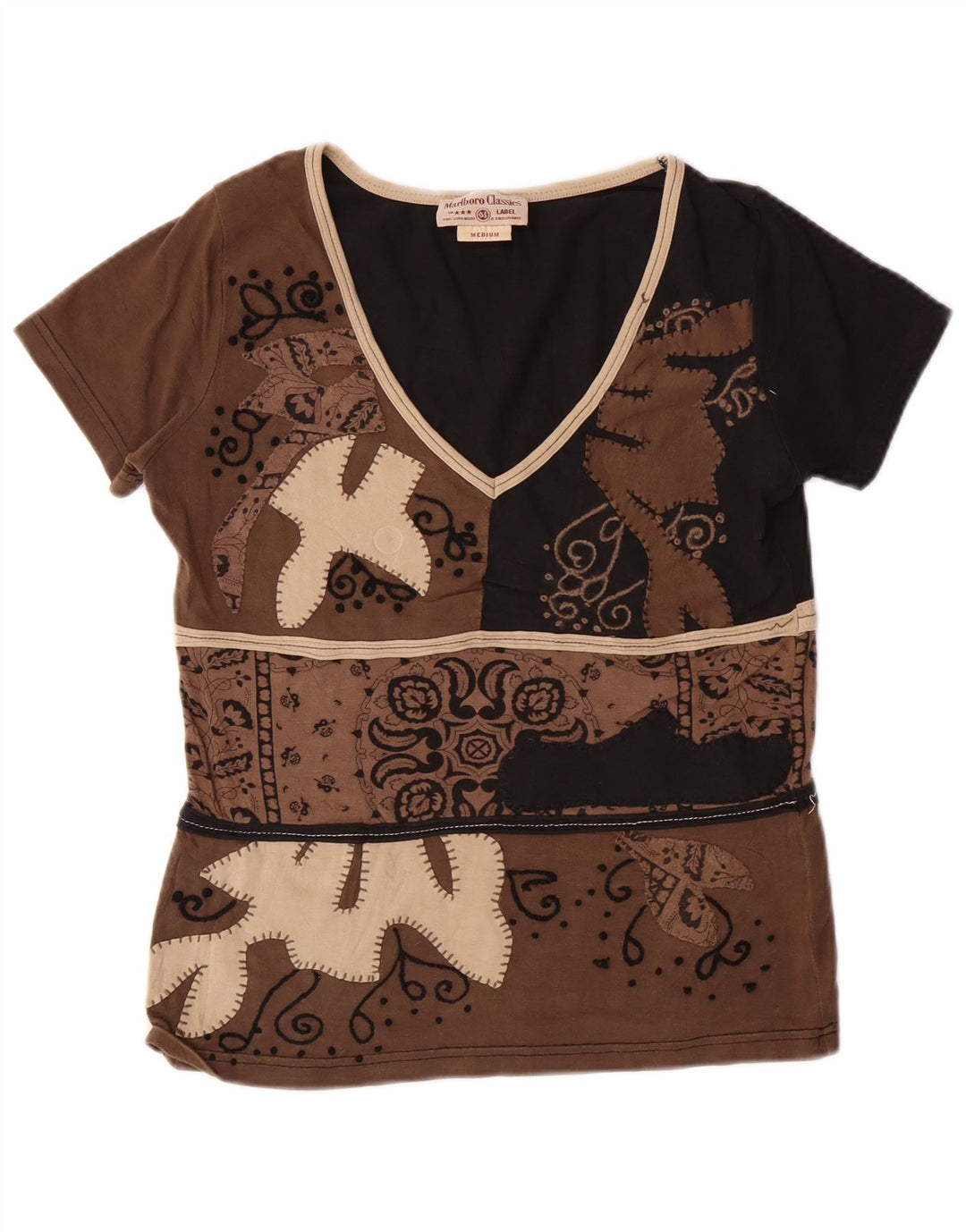 MARLBORO CLASSICS Dame T-Shirt Top UK 12 Medium Brun Paisley Bomuld