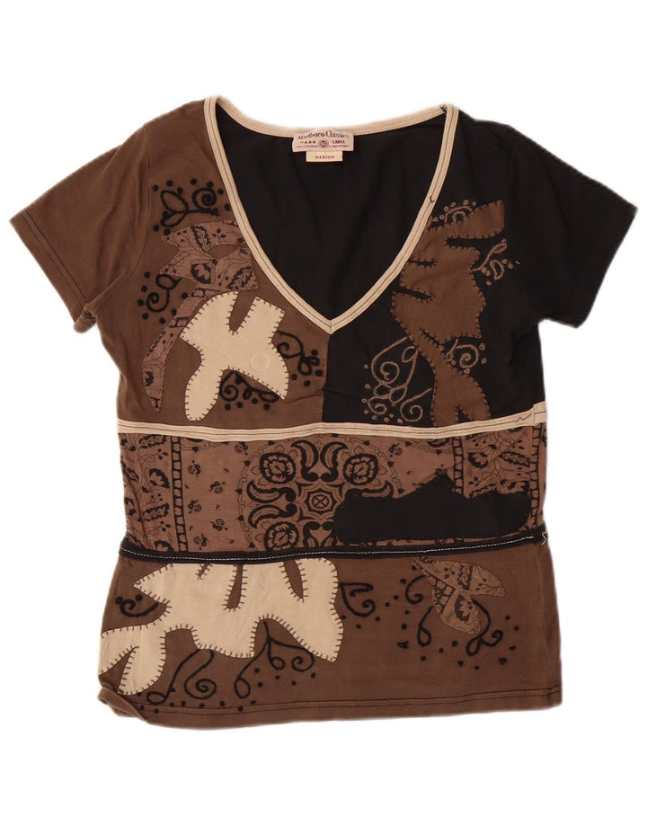 MARLBORO CLASSICS Dame T-Shirt Top UK 12 Medium Brun Paisley Bomuld