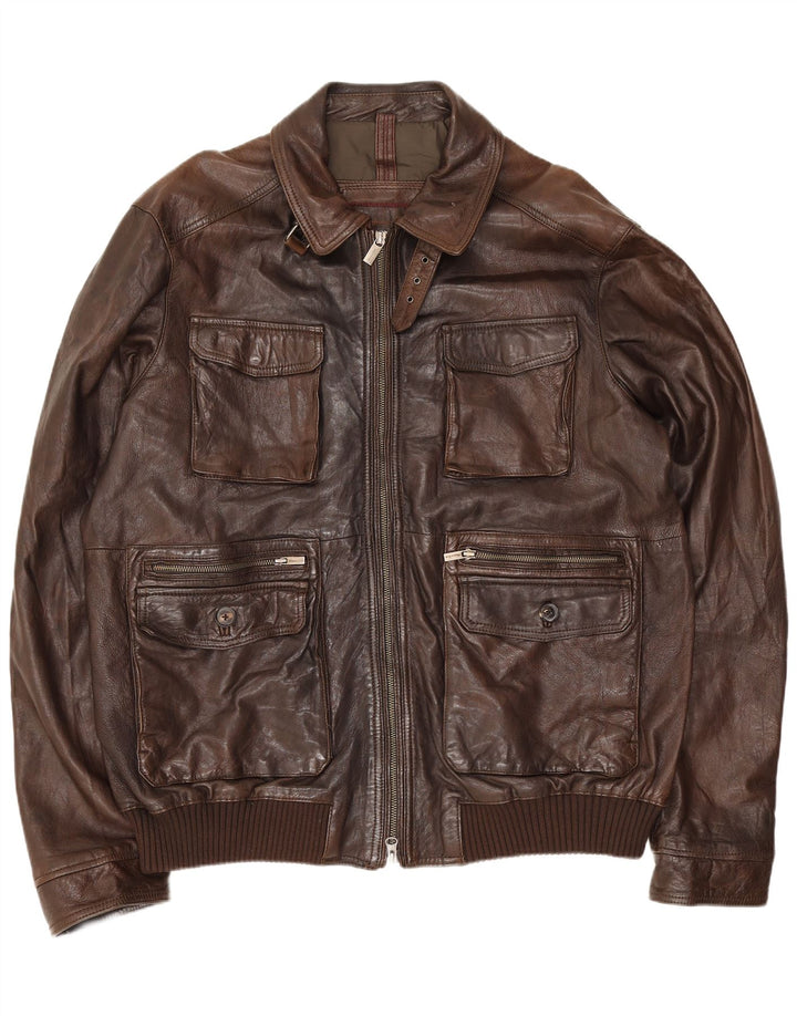 Massimo Dutti Herre Læder Utility Jacket UK 44 2XL Brun
