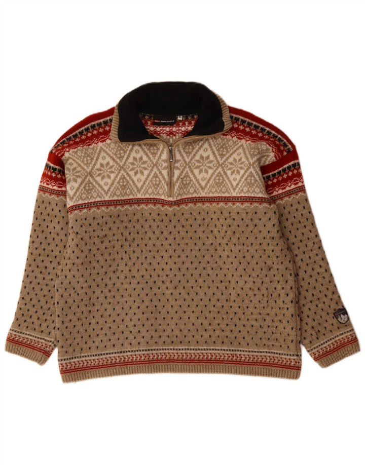 CAMPAGNOLO Herre Zip Neck Sweater XL Beige Fair Isle Wool