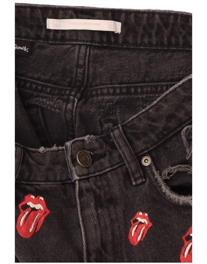 Zara Graphic Distressed Denim Shorts til kvinder EU 40 Medium W30 Sort