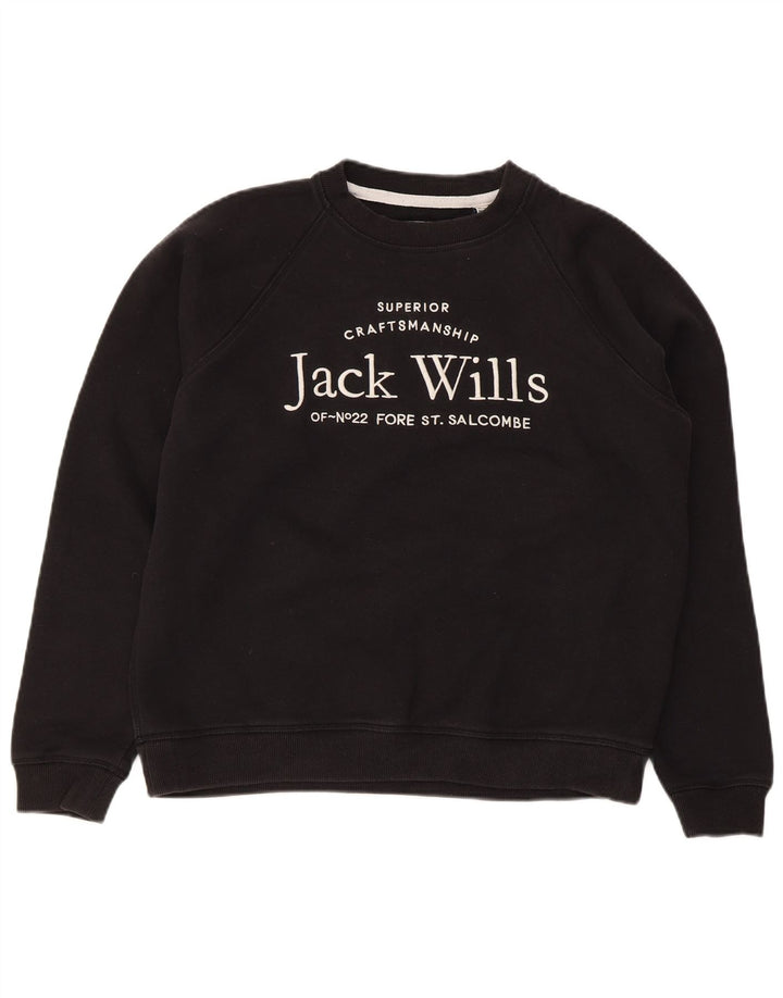 Jack Wills Dame Grafisk Sweatshirt Jumper UK 12 Medium Sort Bomuld