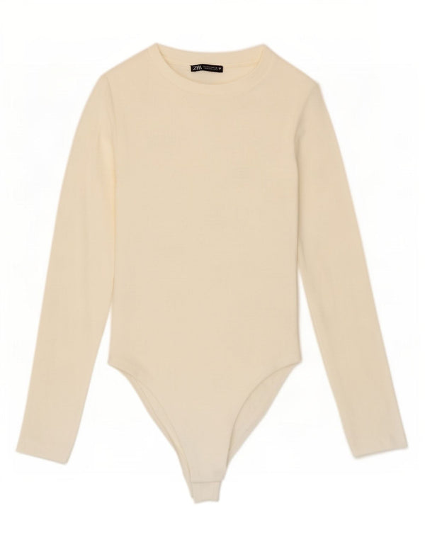 Zara Womens Long Sleeve Bodysuit UK 12 Medium Off White Cotton