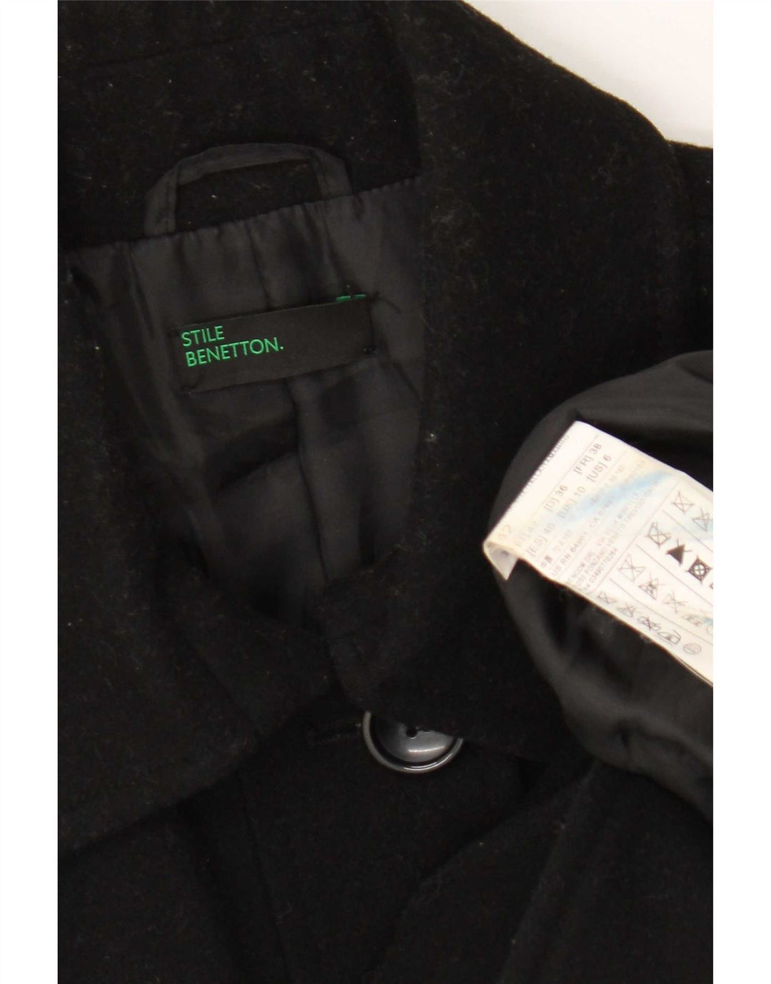 Benetton Dame Overfrakke UK 10 Lille Sort Uld