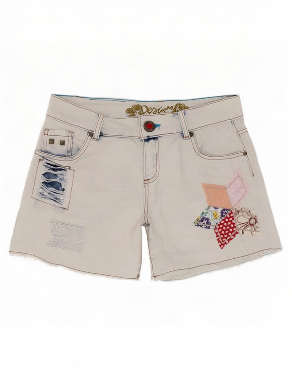 Desigual Womens Distressed Denim Shorts W28 Medium Blue Patchwork Bomuld