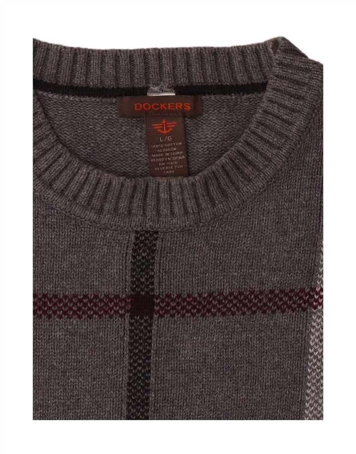DOCKERS Mens Crew Neck Jumper Sweater Large Grey Check Cotton Vintage Dockers and Second-Hand Dockers from Messina Hembry 