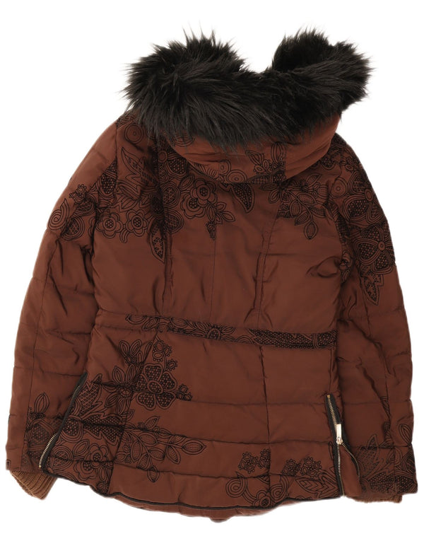 Desigual Dame Hætte Oversized Polstret Jakke EU 36 Small Brown Floral