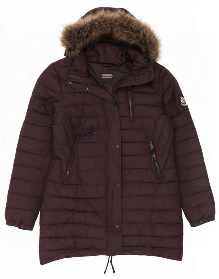 Superdry Polstret frakke med hætte til kvinder UK 12 Medium Burgundy Polyester