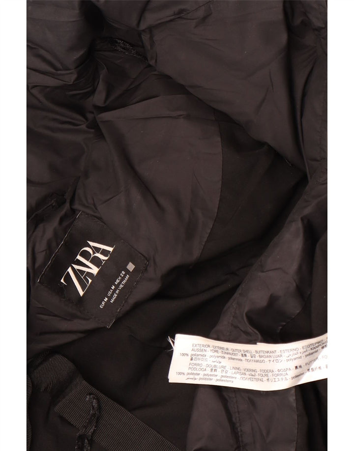 Zara Dame Hætte Oversized Polstret Frakke UK 14 Medium Sort Polyamid