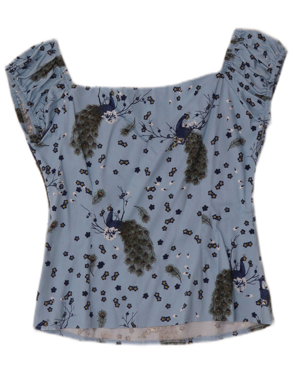Collectif Womens Crop Bluse Top UK 14 Medium Blue Animal Print Bomuld