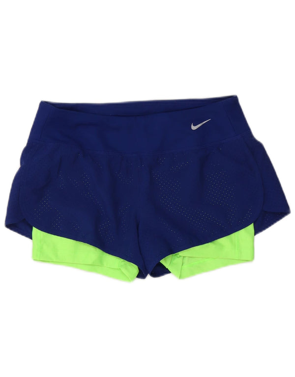 Nike Dame Dri Fit Sports Shorts UK 10 Small Navy Blue Colourblock